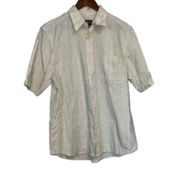 Men's Eddie Bauer Tan & Cream Striped Short Sleeve Button Down Shirt - Picture 1 of 7